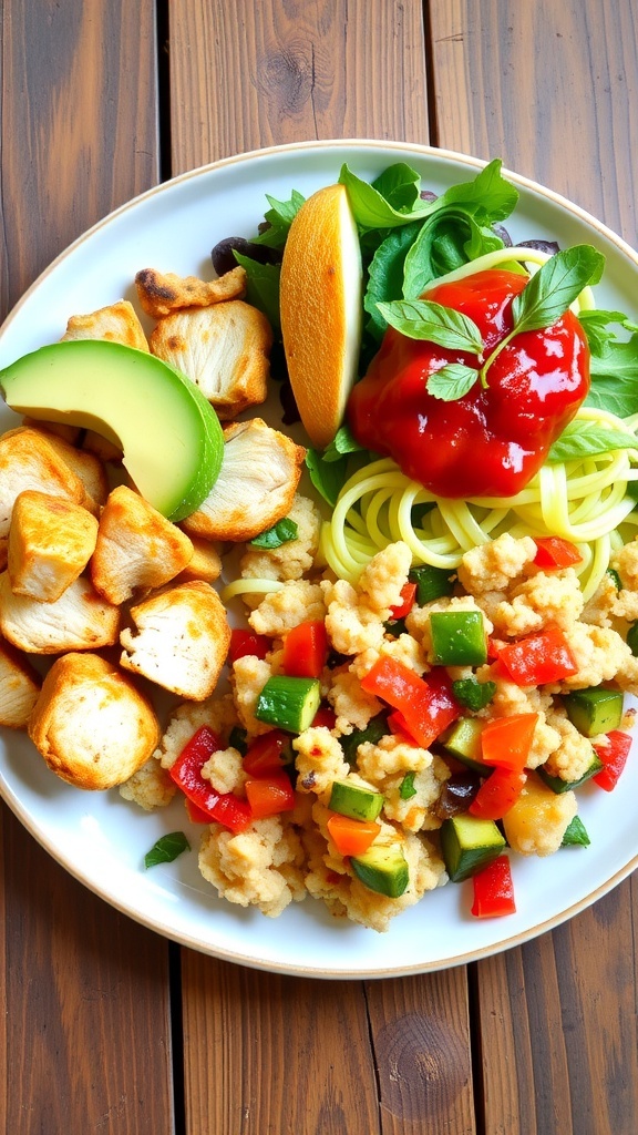 Delicious Low Carb Meal Ideas A colorful display of low carb meals including grilled chicken salad, zucchini noodles, and cauliflower rice stir-fry.